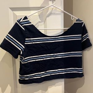 Trendy brandy mellville off the shoulder cropped navy blue striped top